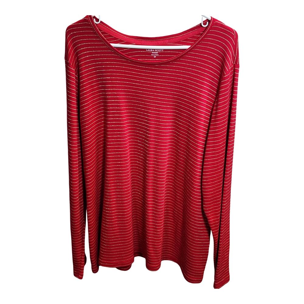 Laura Scott 2X Red & Gold Metallic Shimmer Striped Long Sleeve T-Shirt Top